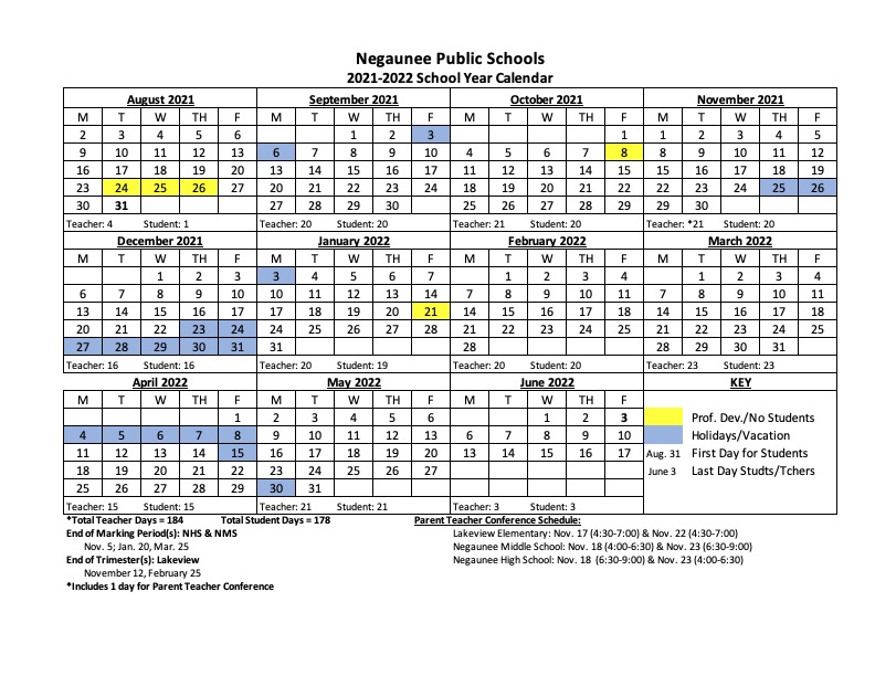 Marquette Academic Calendar 2022 23 2021-2022 School Calendar – Negaunee Public Schools